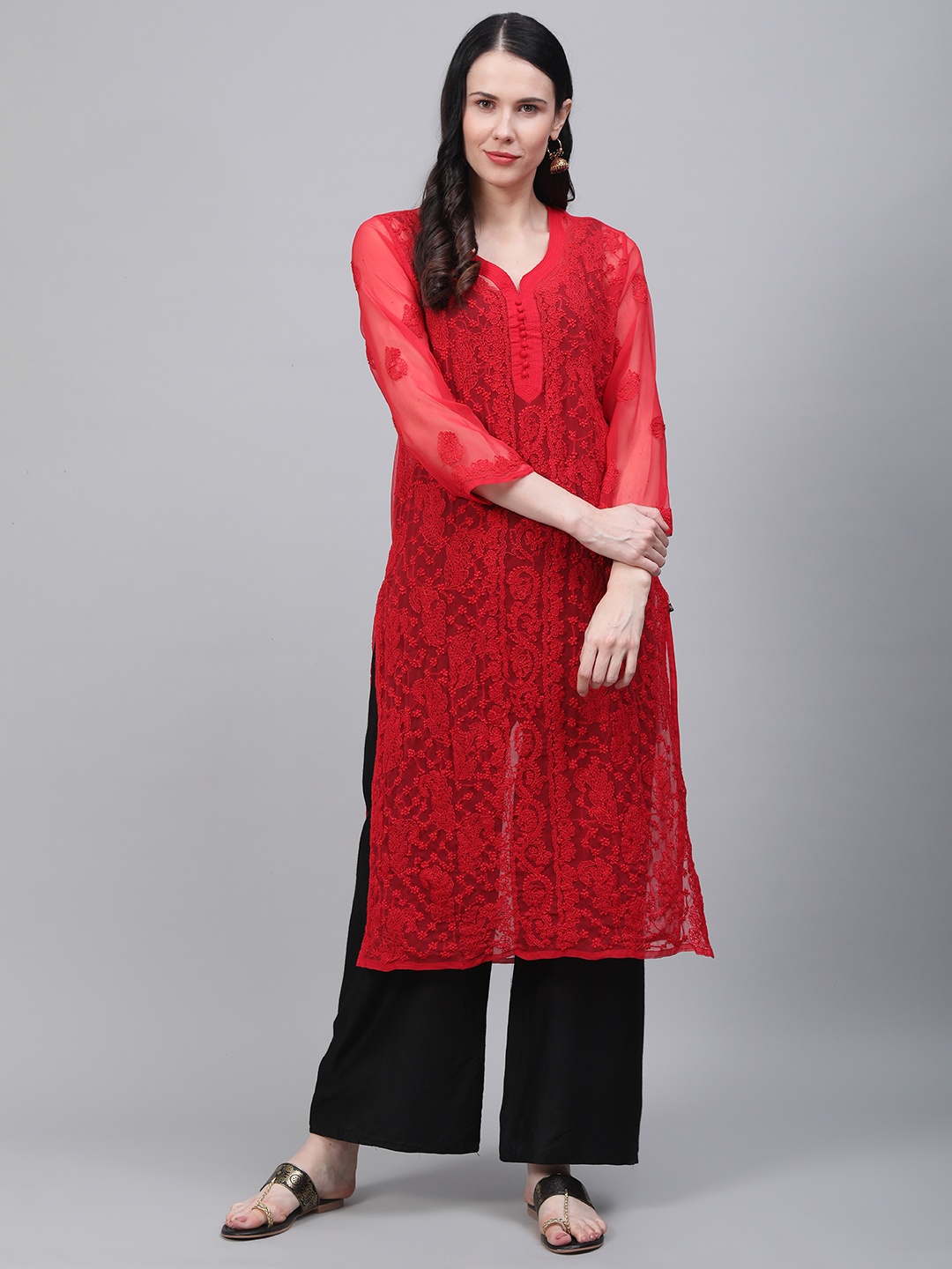 

Saadgi Women Red Chikankari Embroidered Handwork Sheer Straight Kurta