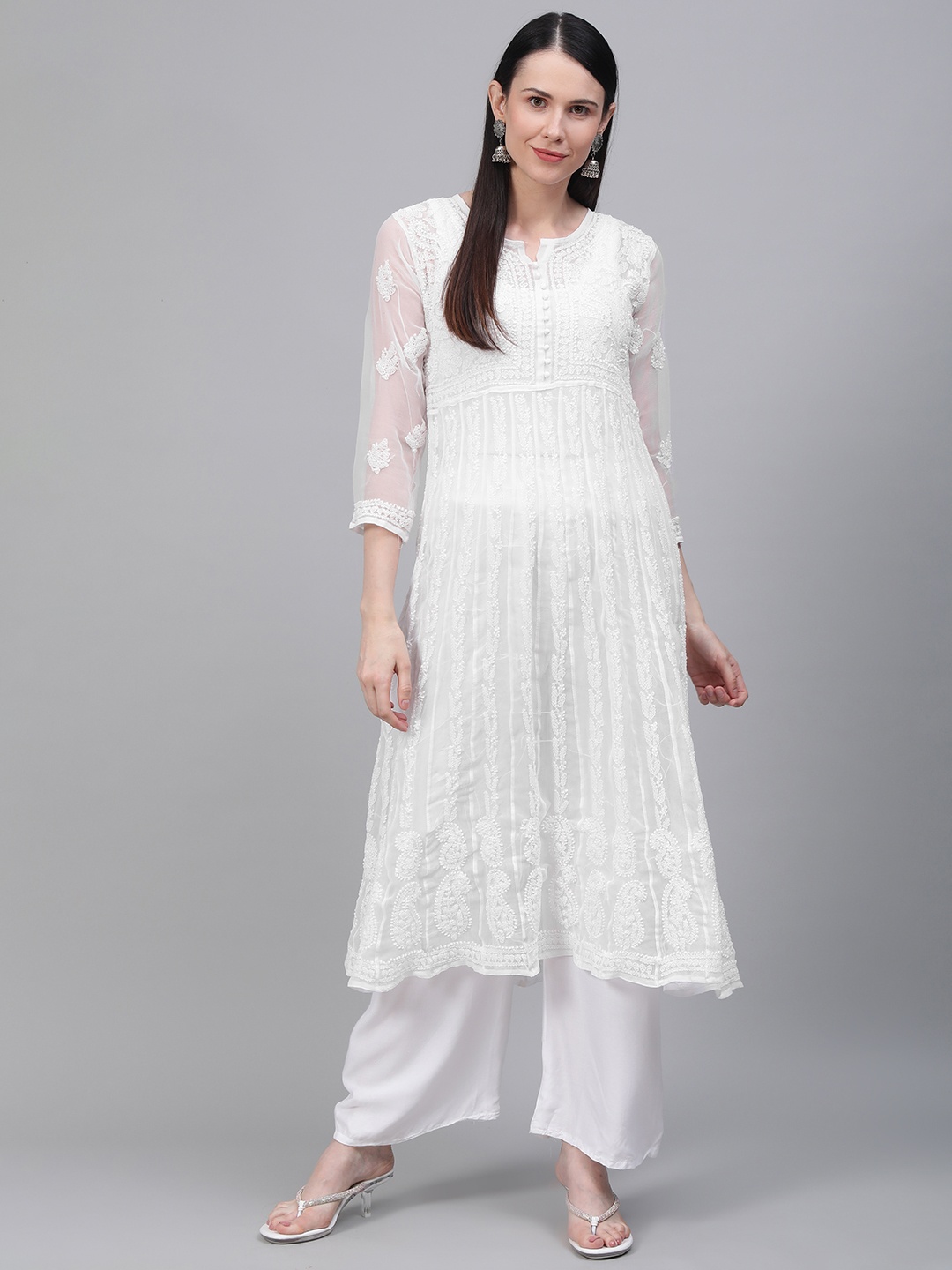 

Saadgi Women White Chikankari Embroidered Handwork A-Line Kurta