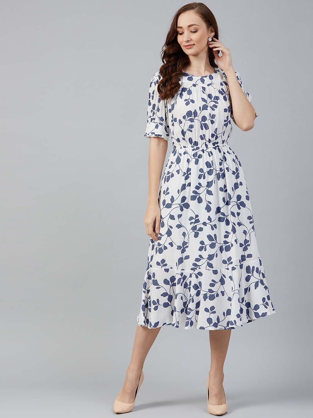 

Marks & Spencer Women White & Blue Printed A-Line Dress