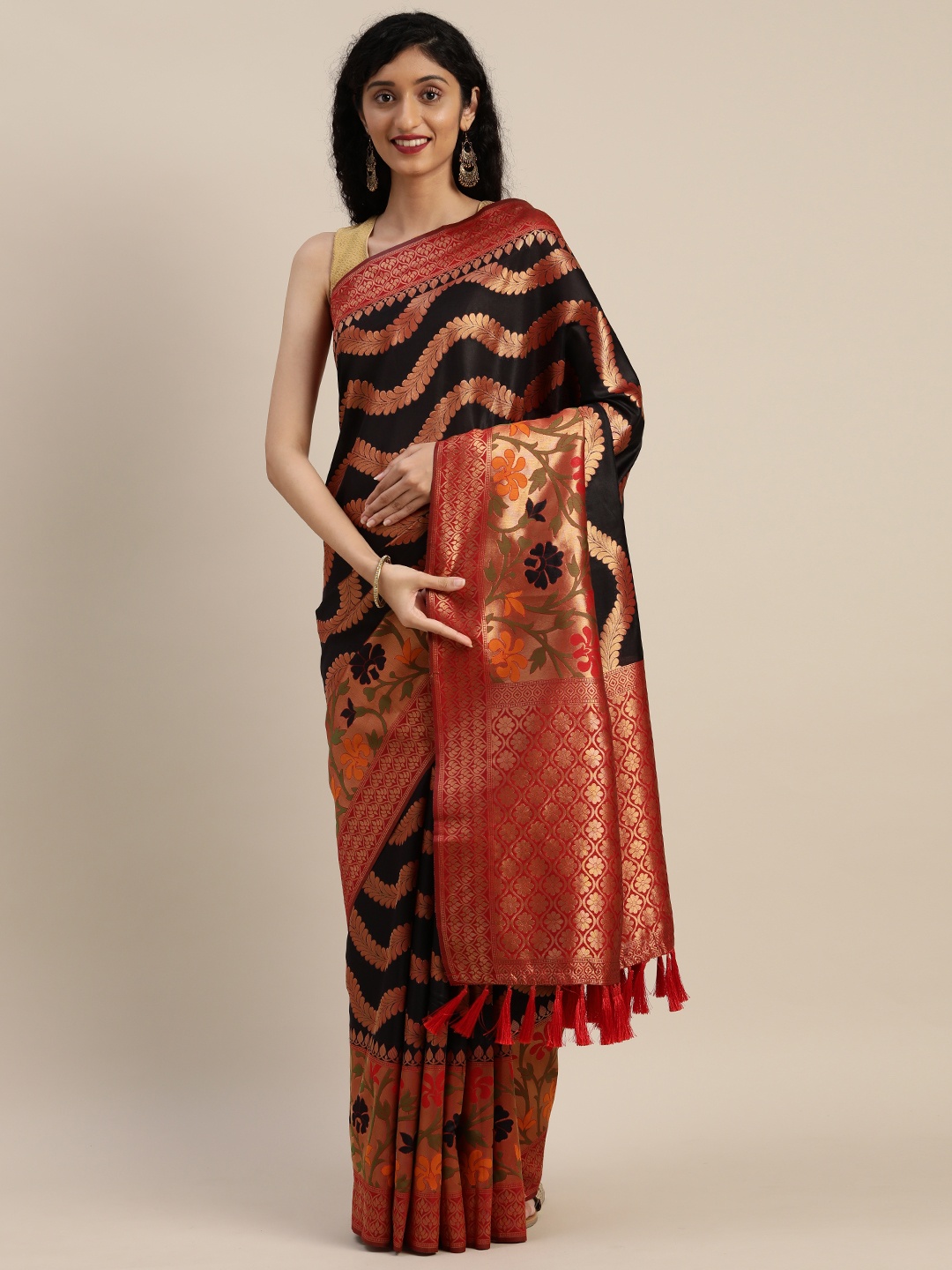 

VASTRANAND Black & Red Silk Blend Woven Design Banarasi Saree