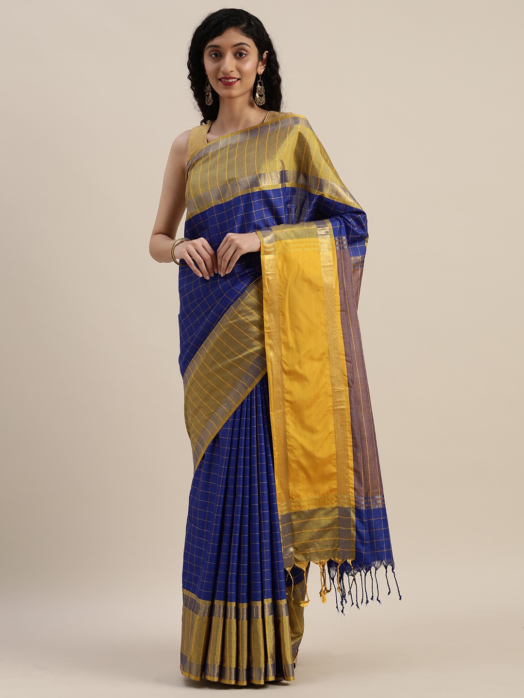 

VASTRANAND Navy Blue & Yellow Silk Cotton Checked Uppada Saree