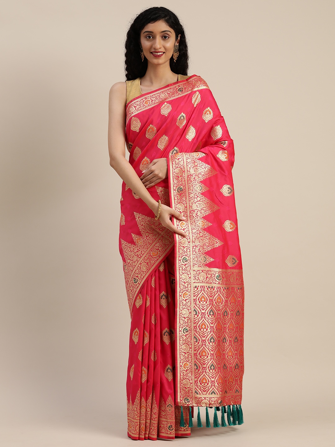 

VASTRANAND Pink & Gold-Toned Silk Blend Woven Design Kanjeevaram Saree