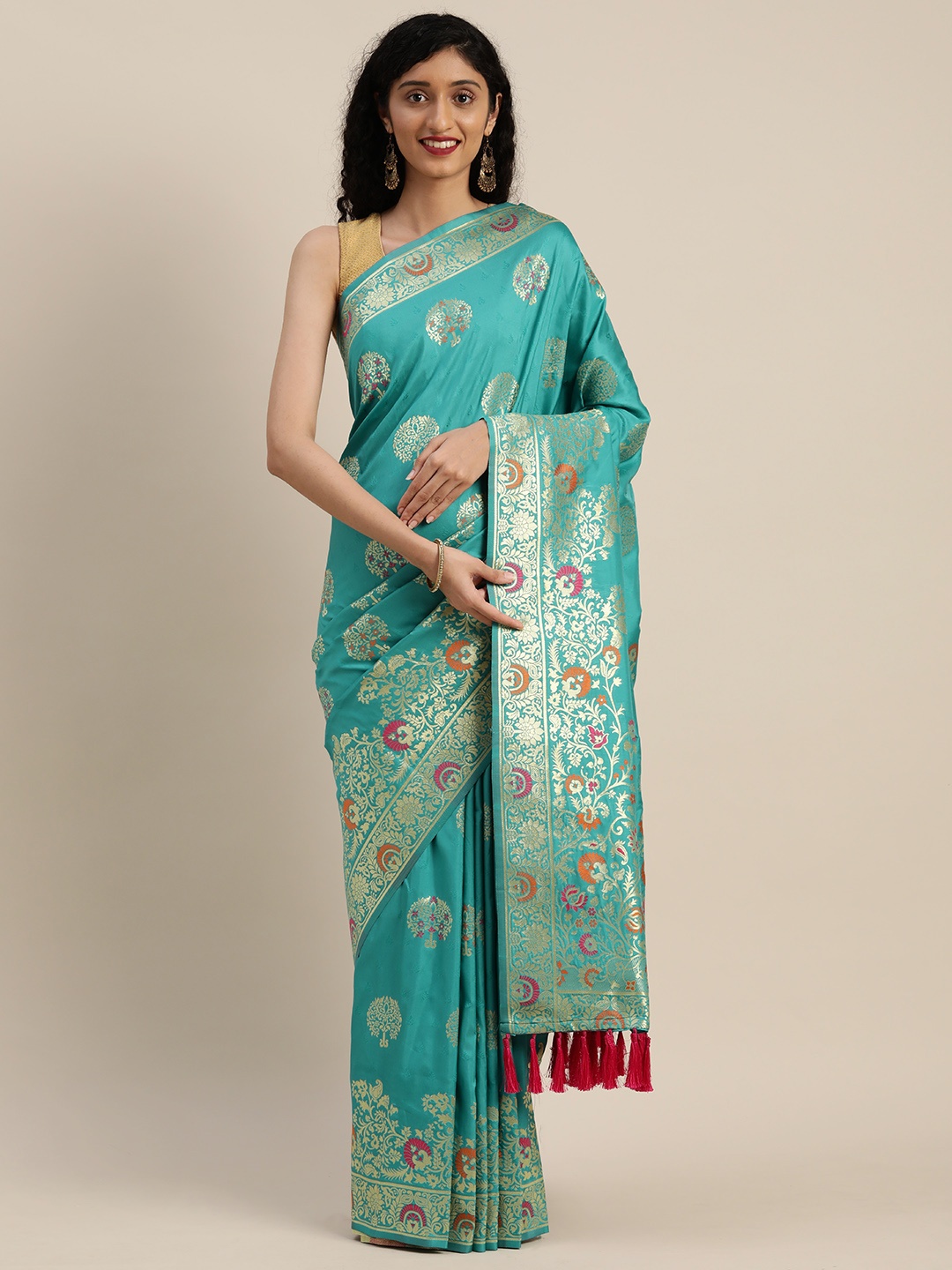 

VASTRANAND Blue & Gold-Toned Silk Blend Woven Design Kanjeevaram Saree