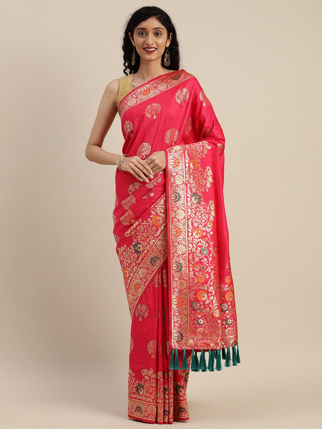 

VASTRANAND Pink & Gold-Toned Silk Blend Woven Design Kanjeevaram Saree