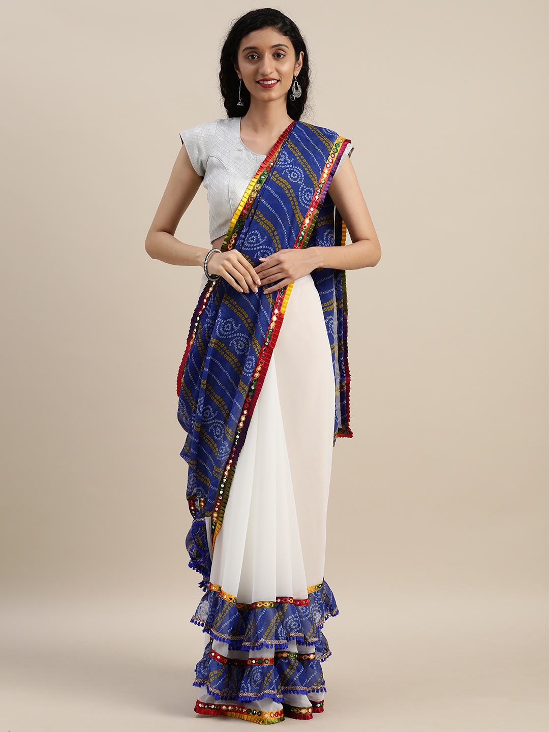 

VASTRANAND White & Blue Pure Georgette Bandhani Printed Half and Half Ruffled Saree