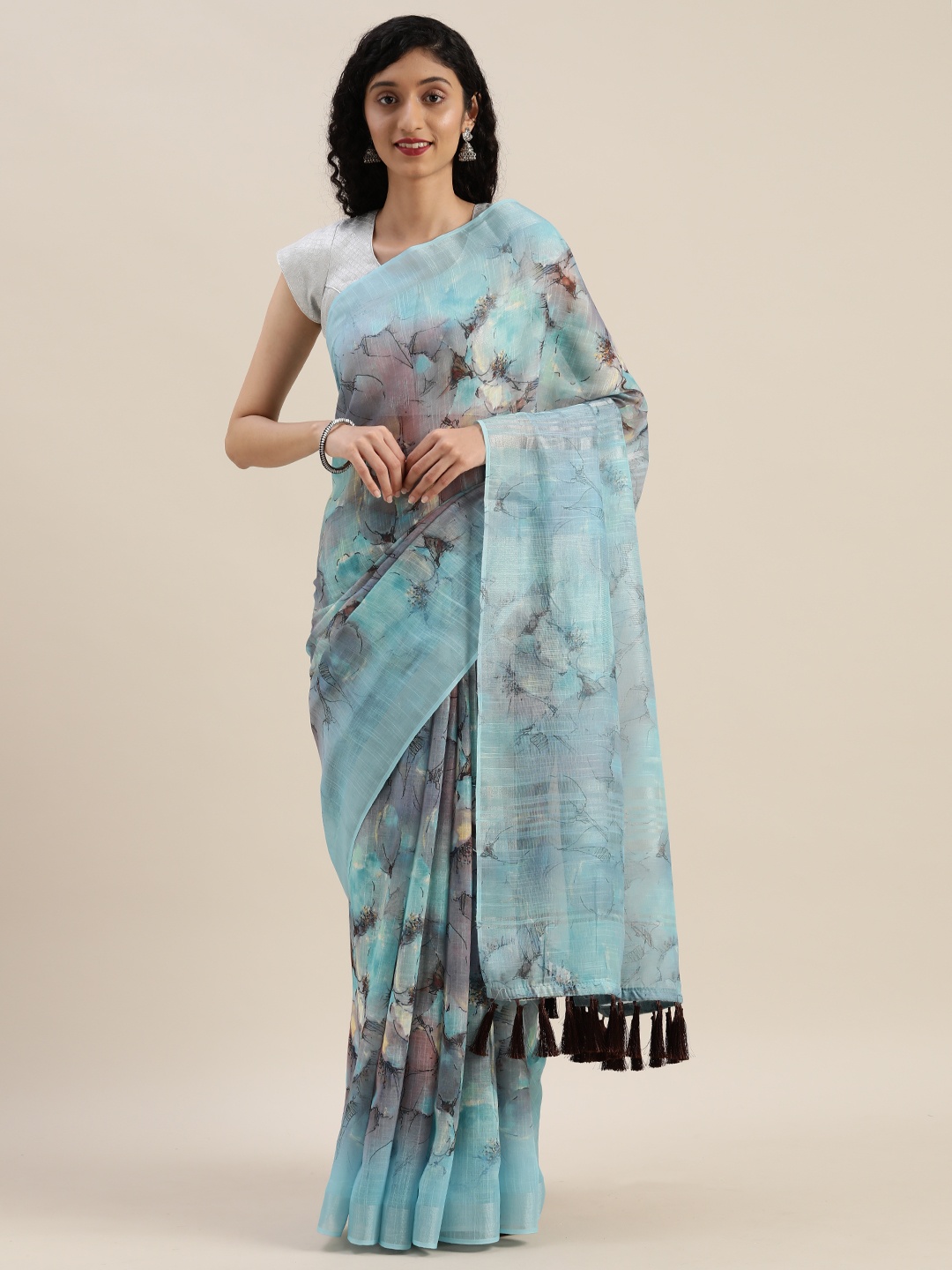 

VASTRANAND Blue & Black Linen Blend Printed Saree