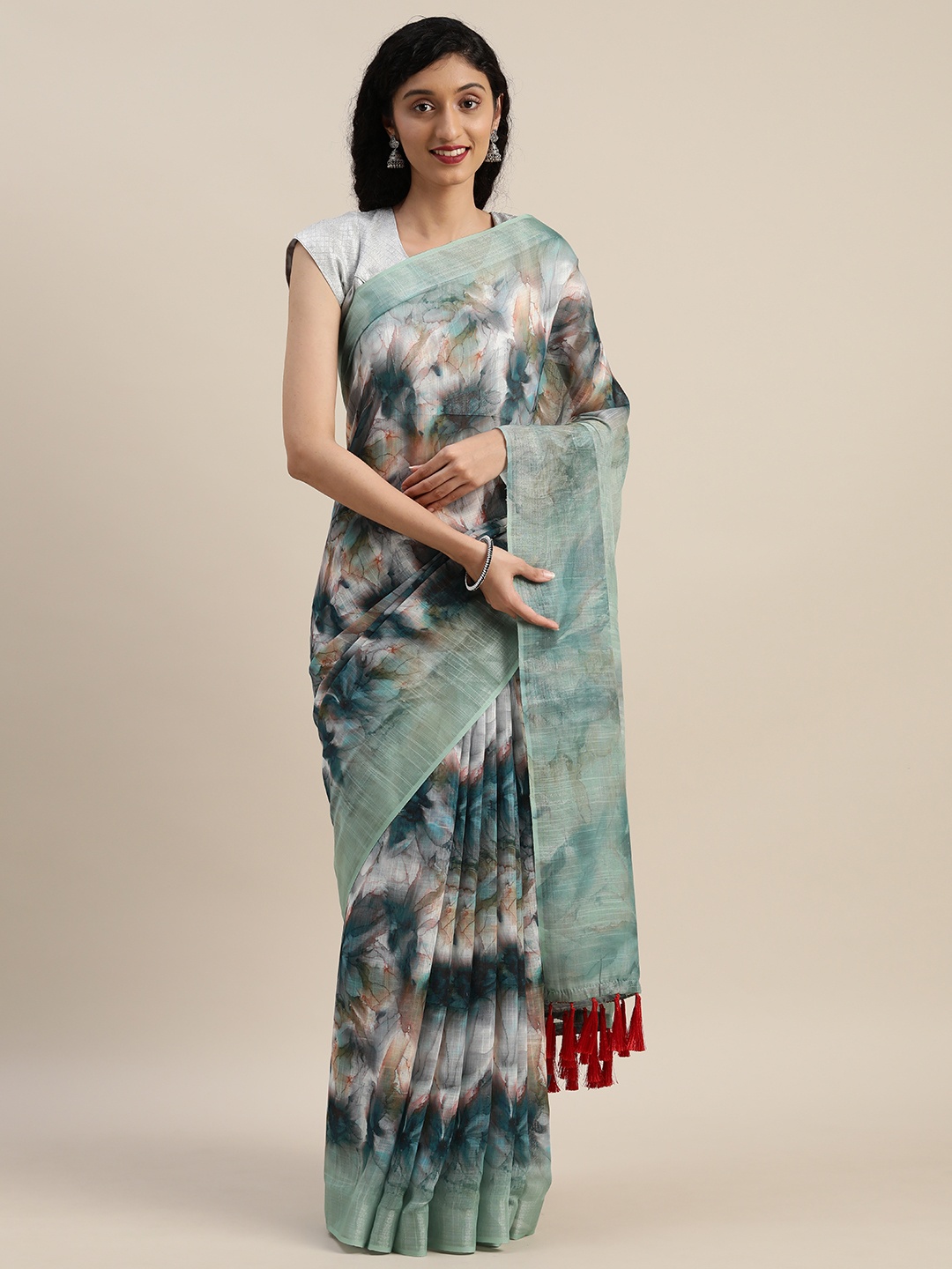 

VASTRANAND Green & White Linen Blend Printed Saree