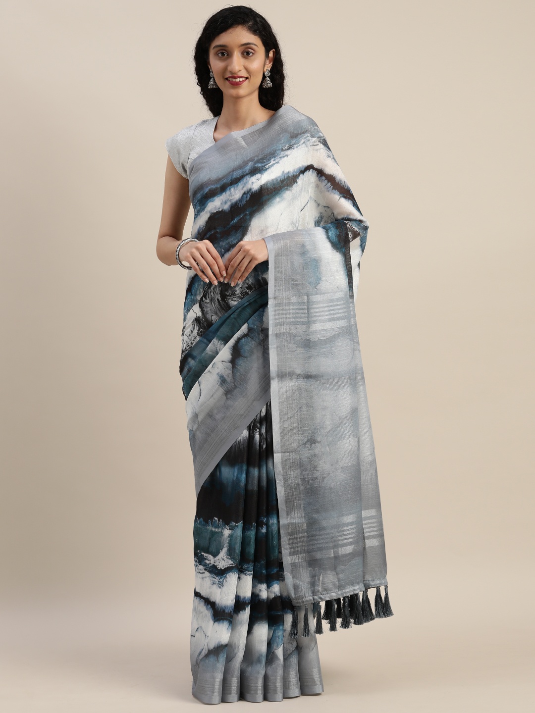 

VASTRANAND Grey & White Linen Blend Printed Saree