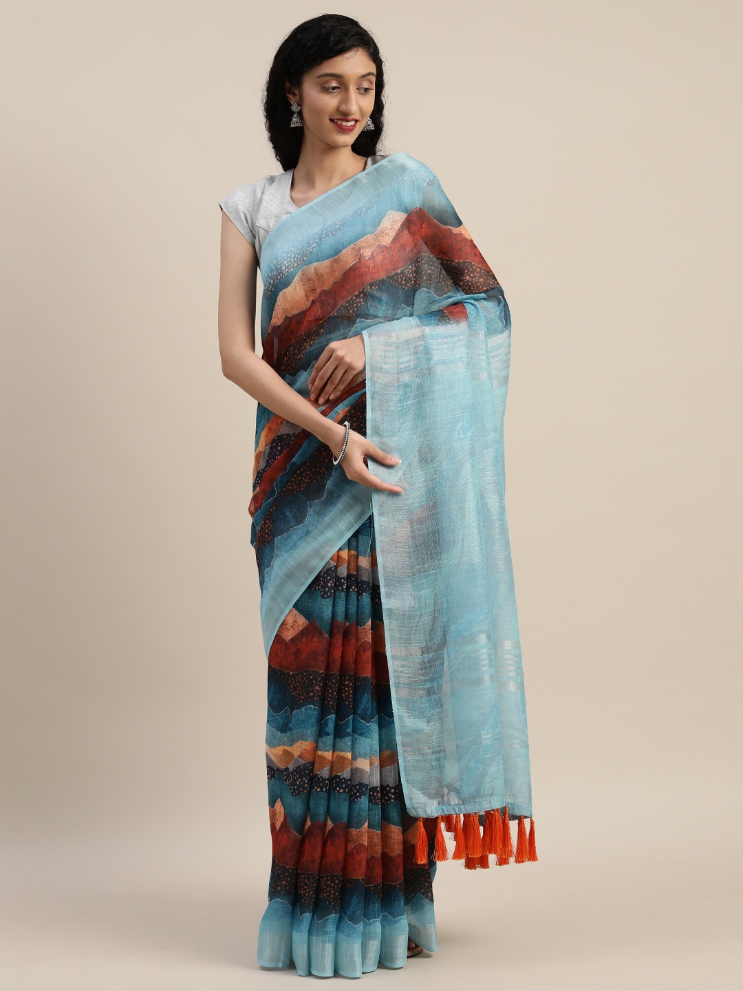 

VASTRANAND Blue & Red Linen Blend Printed Saree