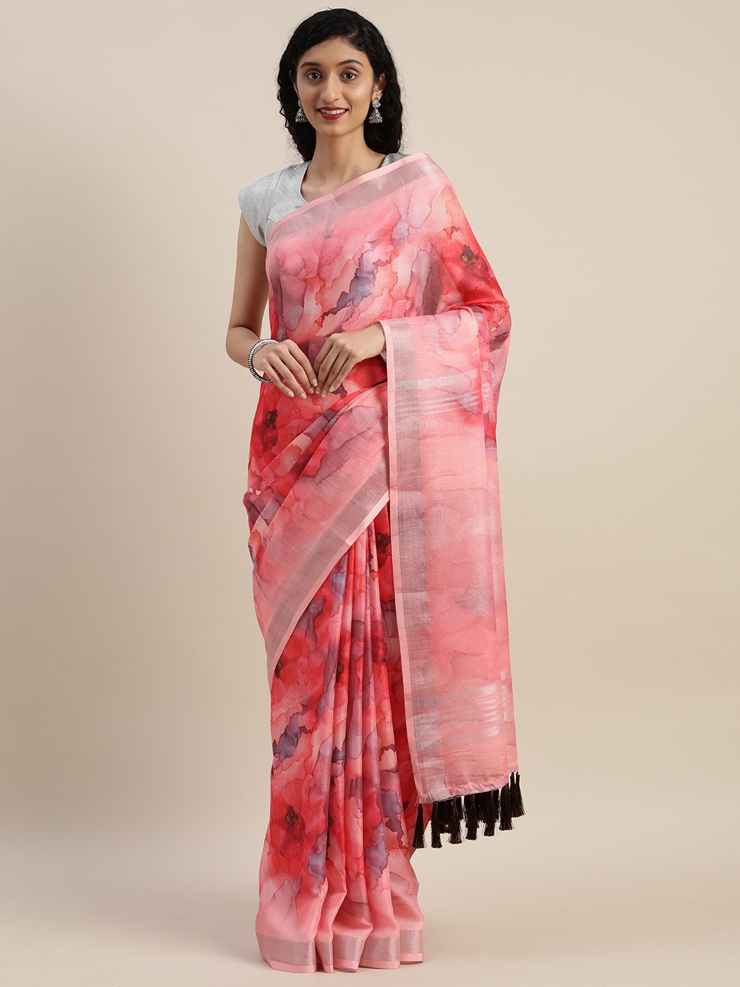 

VASTRANAND Pink Printed Linen Blend Saree