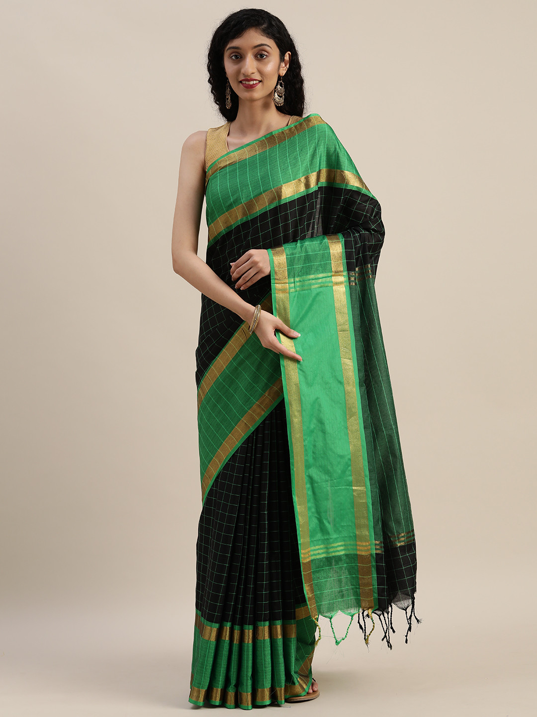 

VASTRANAND Black & Green Silk Cotton Checked Uppada Saree
