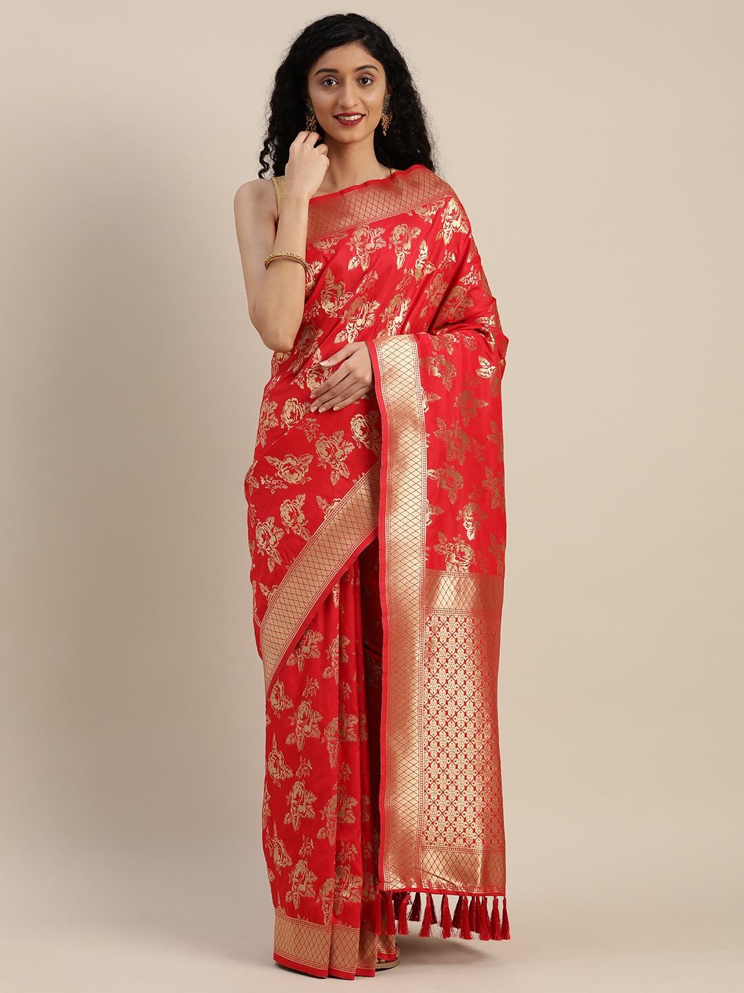 

VASTRANAND Red & Gold-Toned Silk Blend Woven Design Banarasi Saree