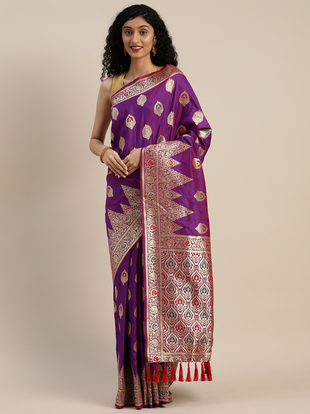 

VASTRANAND Purple & Gold-Toned Silk Blend Woven Design Kanjeevaram Saree