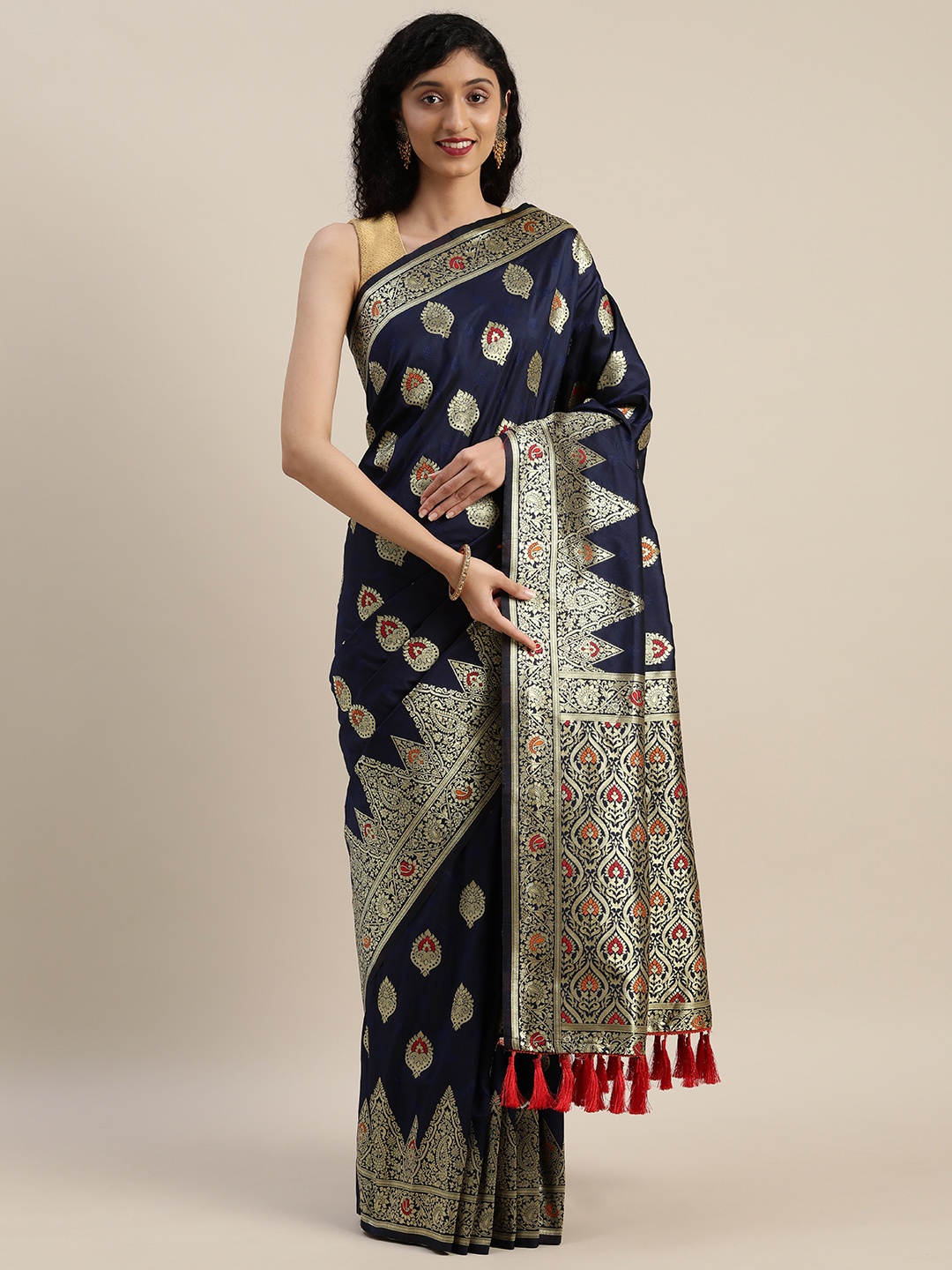 

VASTRANAND Navy Blue & Gold-Toned Silk Blend Woven Design Kanjeevaram Saree