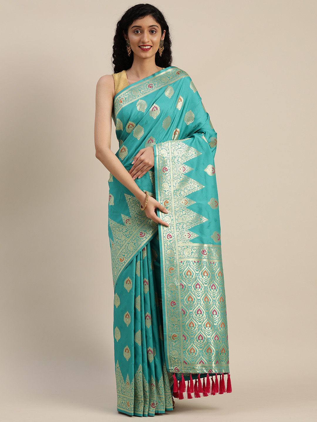 

VASTRANAND Sea Green & Gold-Toned Silk Blend Woven Design Kanjeevaram Saree