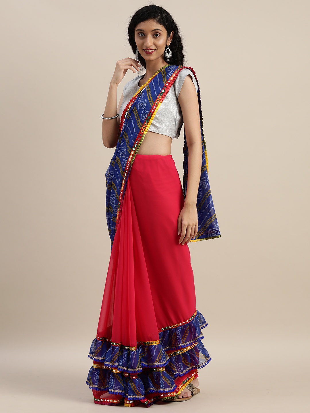 

VASTRANAND Pink & Blue Pure Georgette Bandhani Printed Half and Half Ruffled Saree