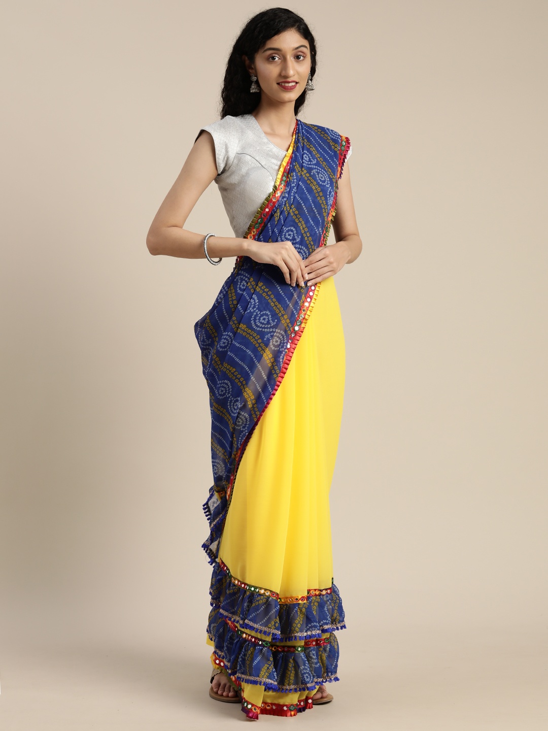 

VASTRANAND Yellow & Blue Pure Georgette Printed Bandhani Saree