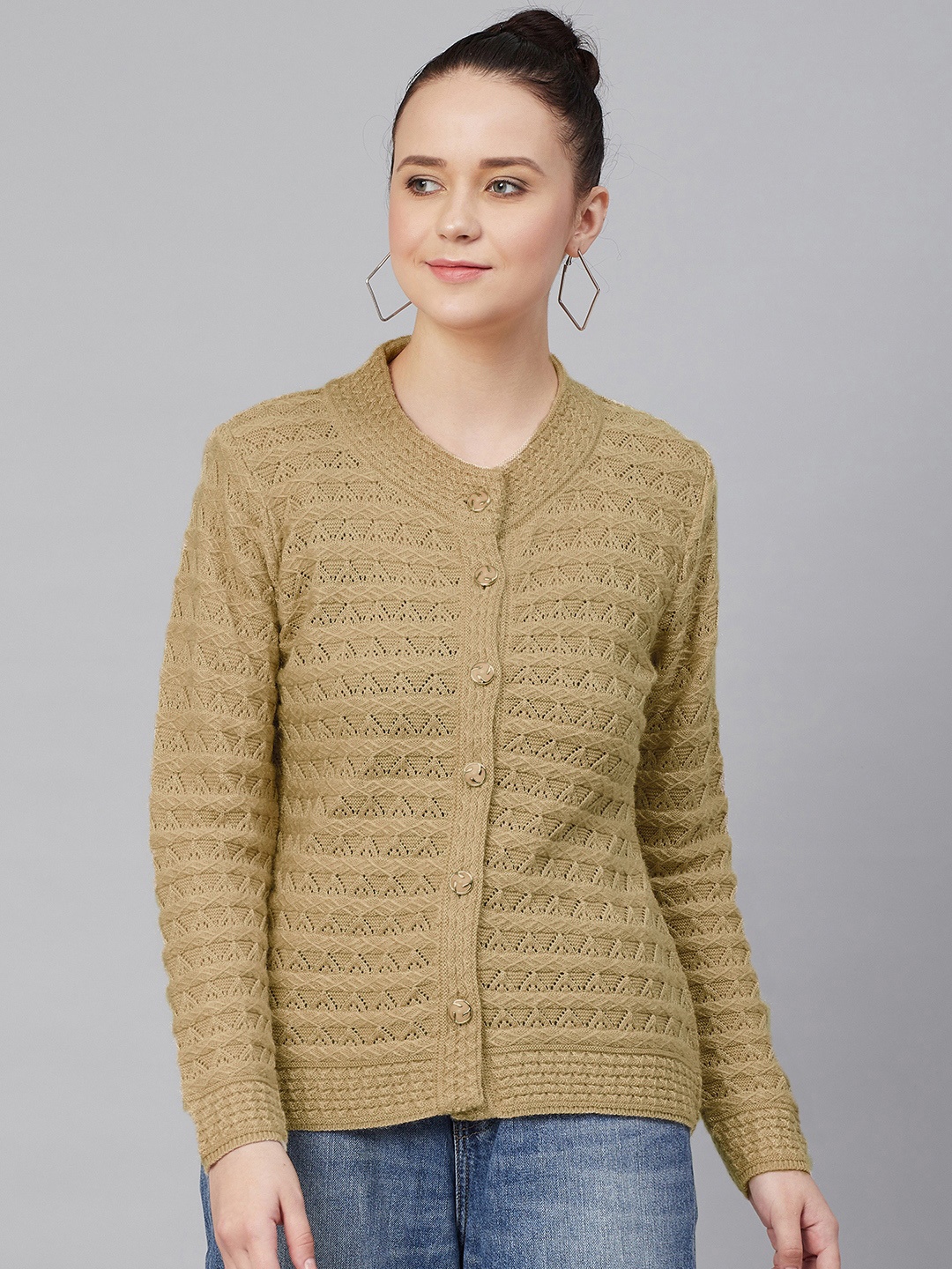 

Cayman Women Beige Open Knit Woollen Cardigan