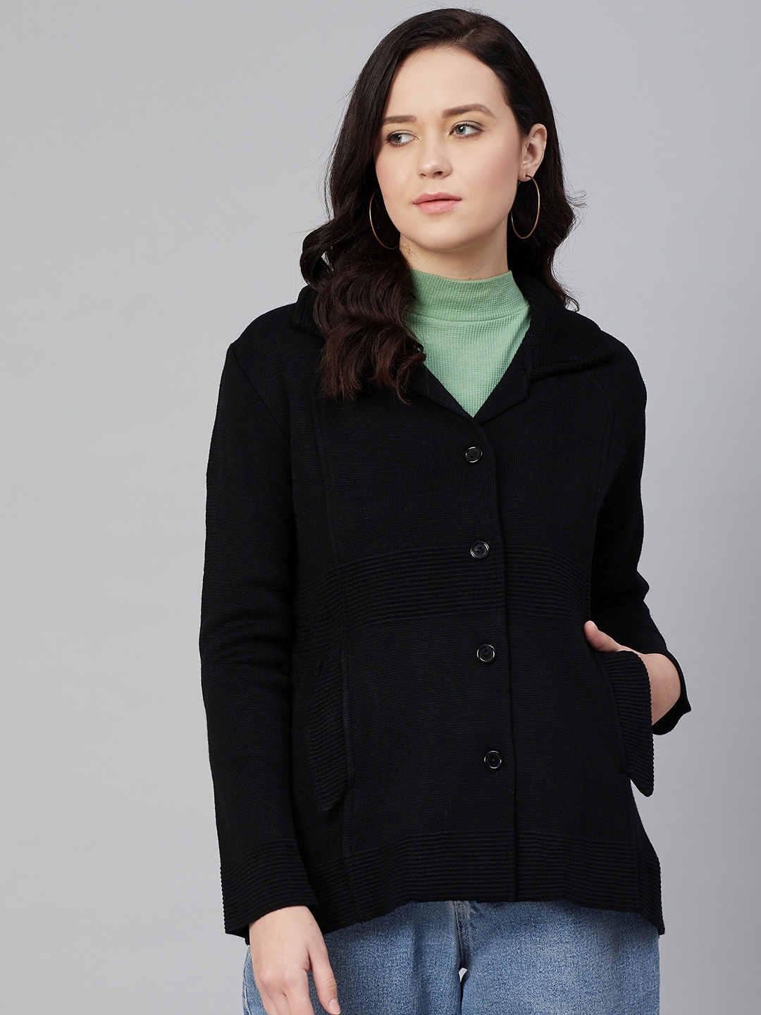 

Cayman Women Black Solid Cardigan Sweater