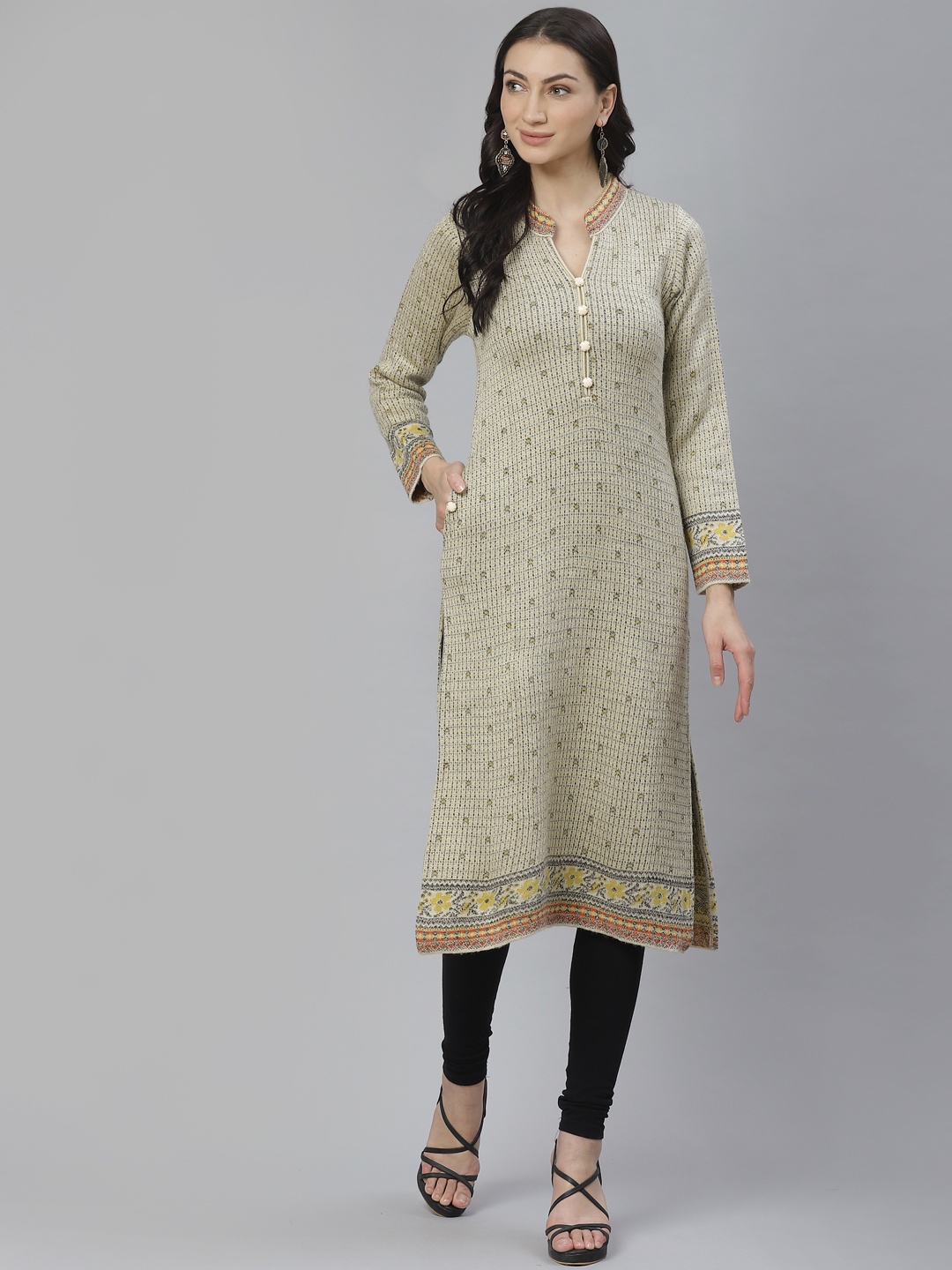 

Cayman Women Beige & Navy Blue Woven Design Straight Kurta