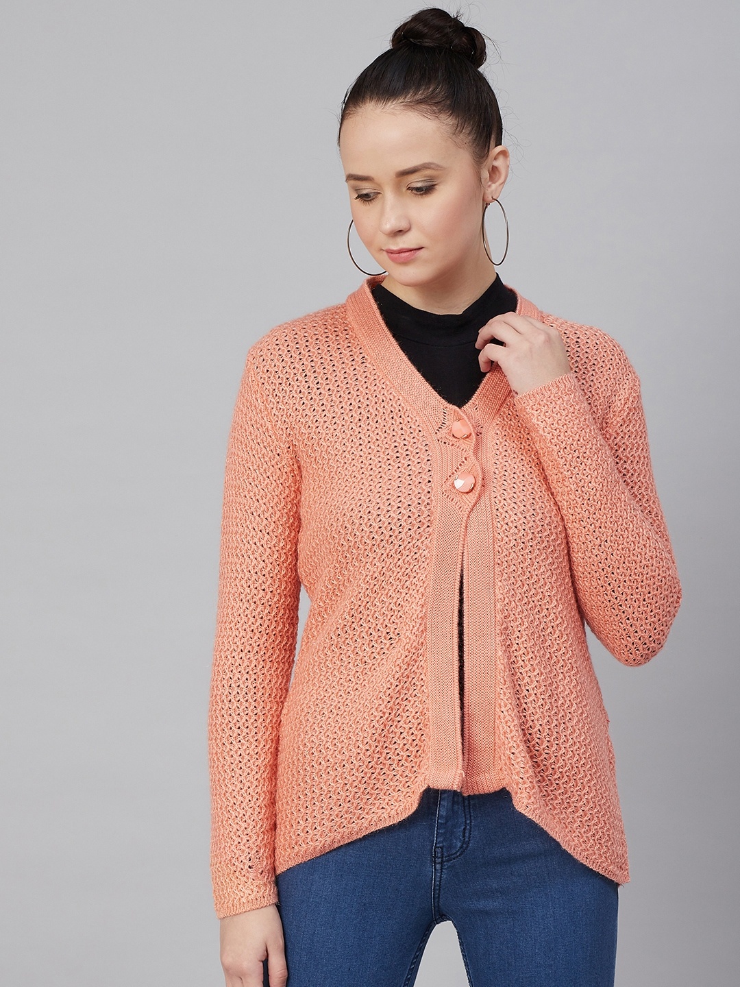 

Cayman Women Peach-Coloured Open Knit Cardigan