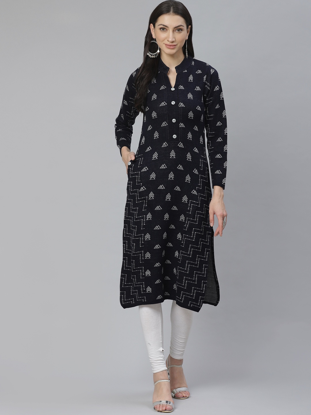 

Cayman Women Navy Blue & White Woven Design Straight Kurta