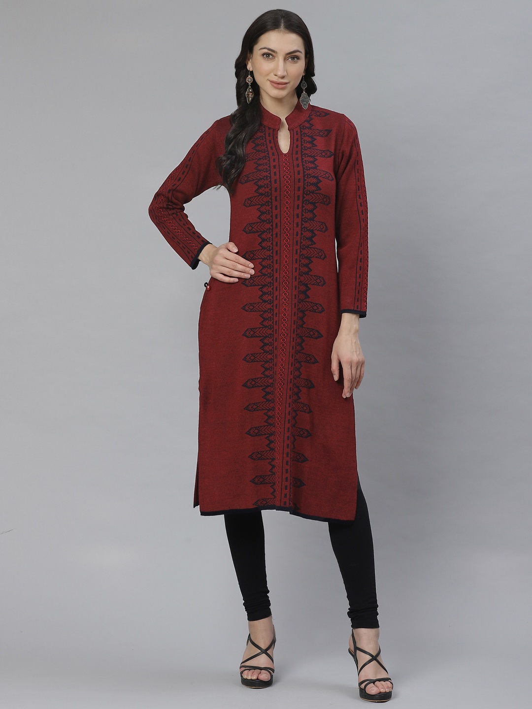 

Cayman Women Maroon & Black Woven Design Straight Kurta