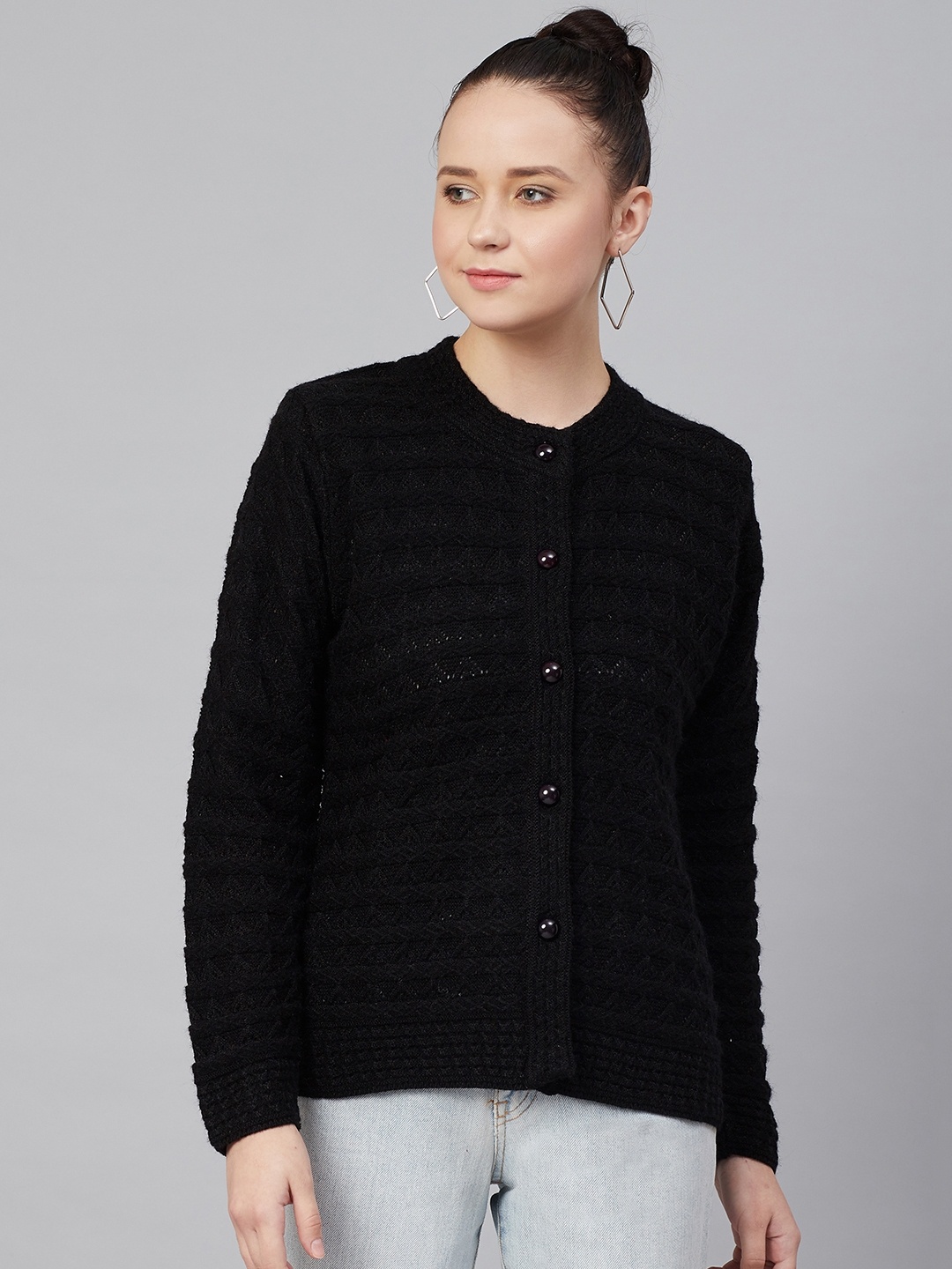 

Cayman Women Black Open Knit Woollen Cardigan