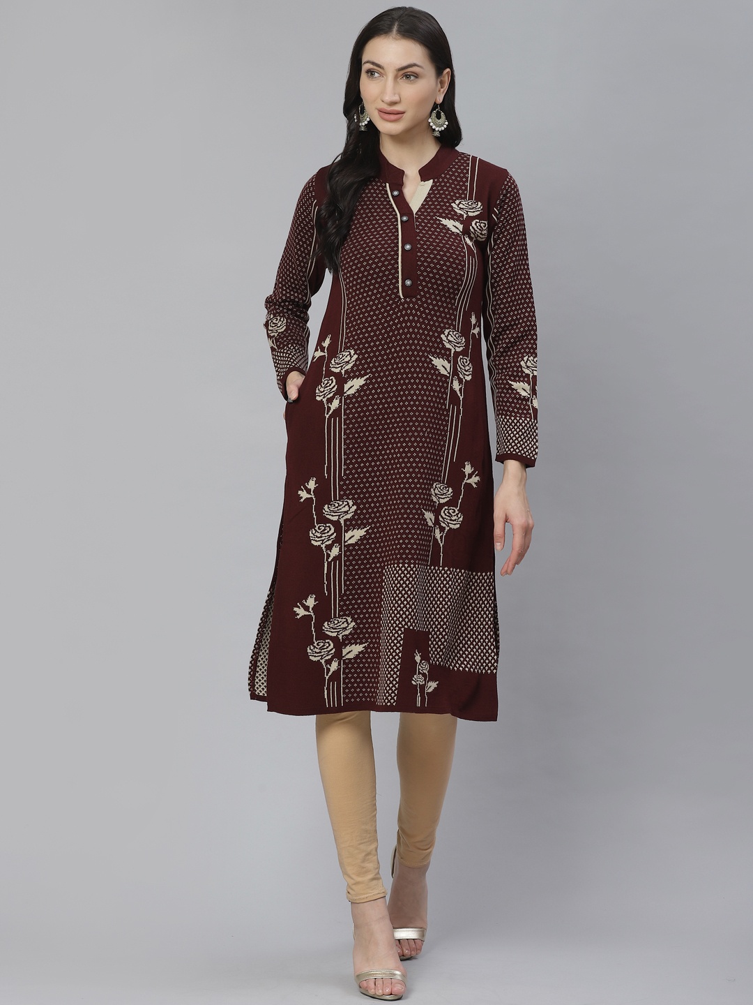 

Cayman Women Maroon & Cream-Coloured Printed Straight Kurta