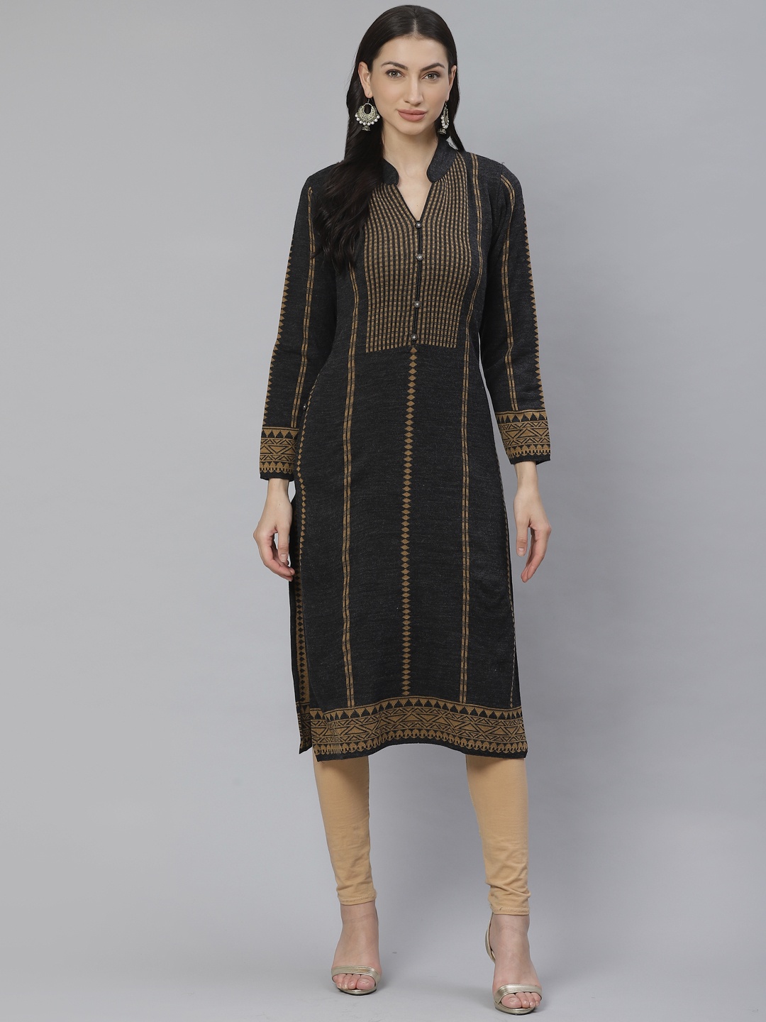

Cayman Women Charcoal Grey & Mustard Brown Woven Design Straight Kurta