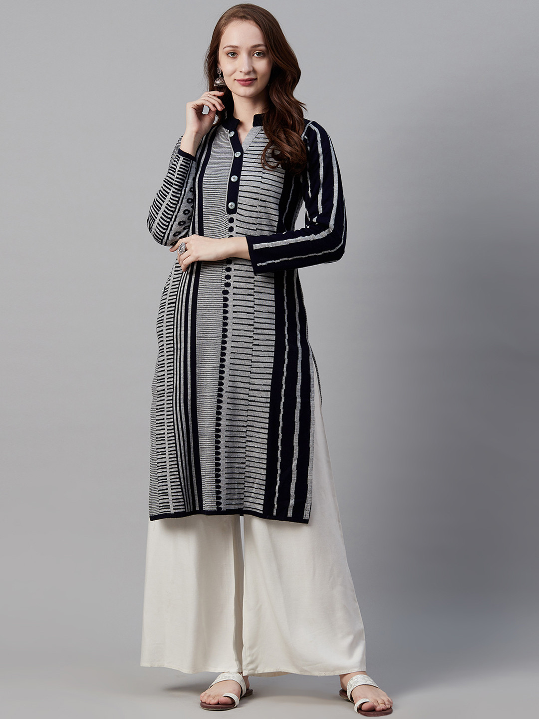 

Cayman Women Navy Blue & Grey Woven Design Knitted Woollen Straight Kurta