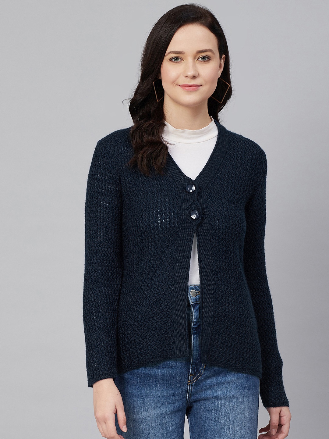 

Cayman Women Navy Blue Self Design Cardigan