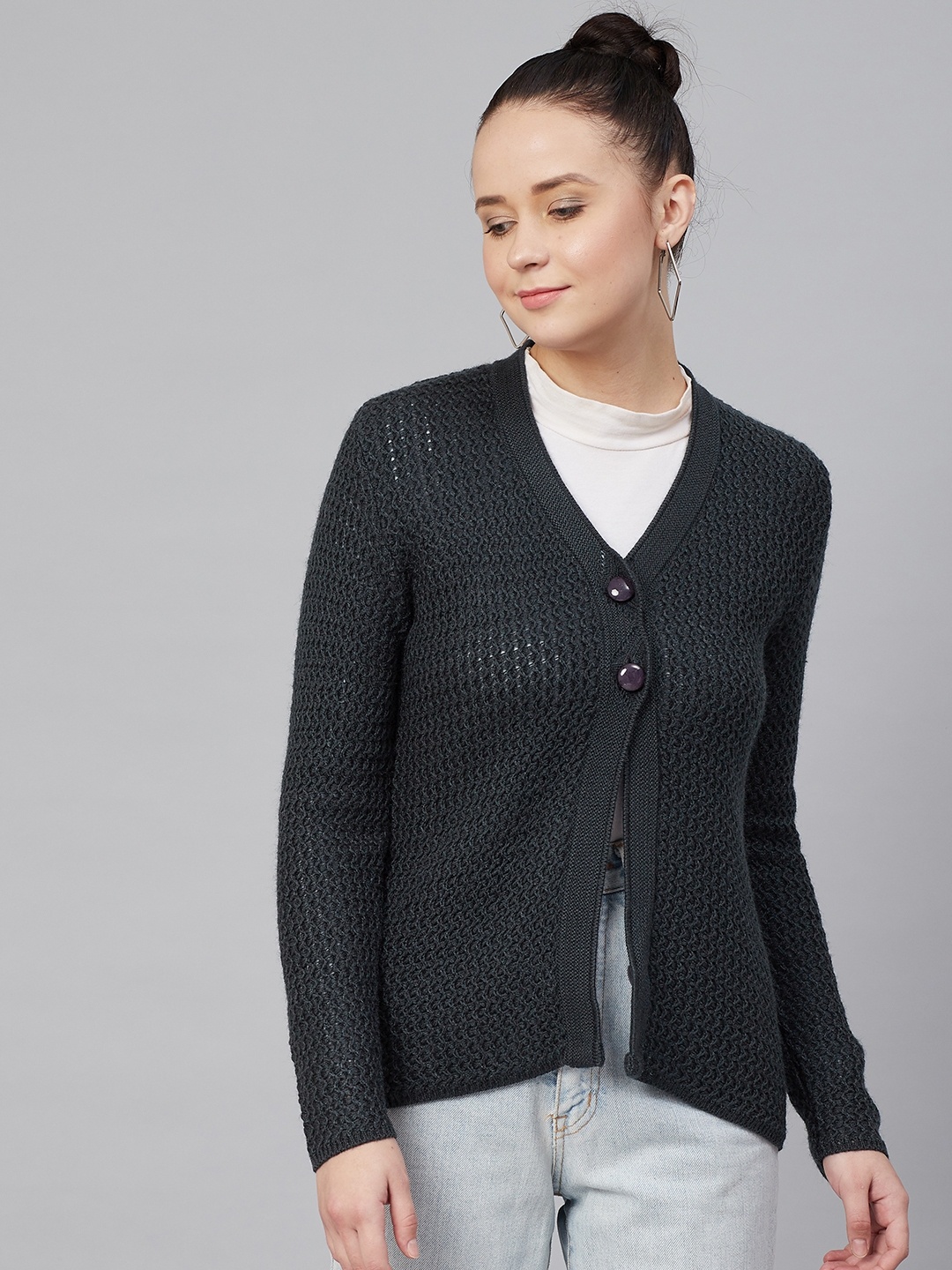 

Cayman Women Charcoal Grey Self-Design Woollen Cardigan