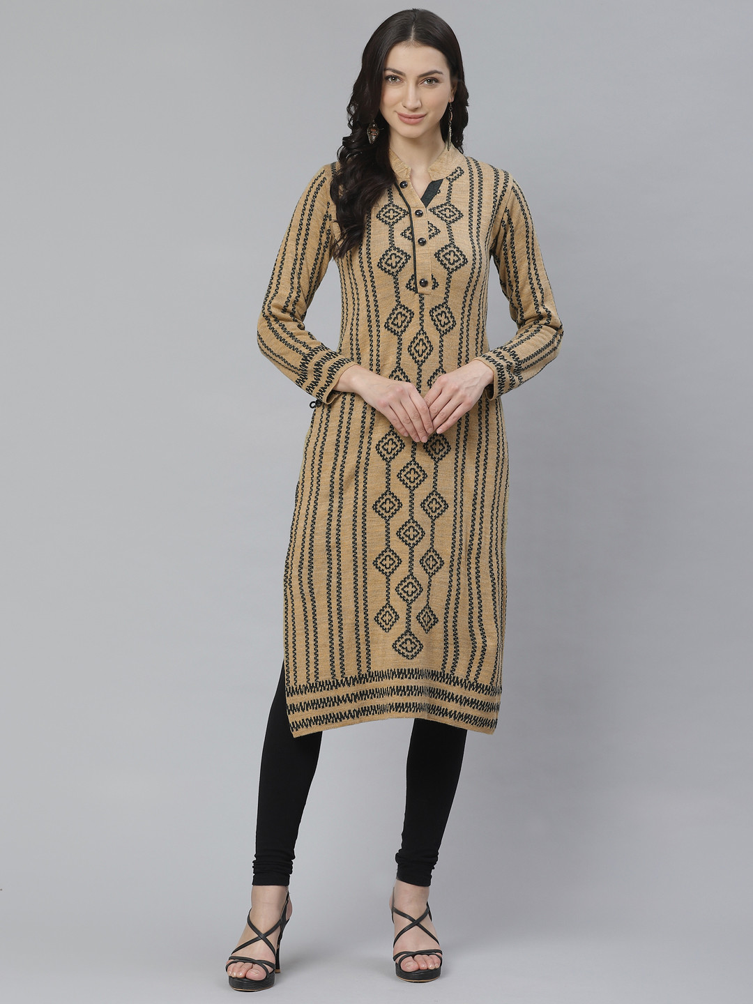 

Cayman Women Beige & Green Woven Design Straight Kurta