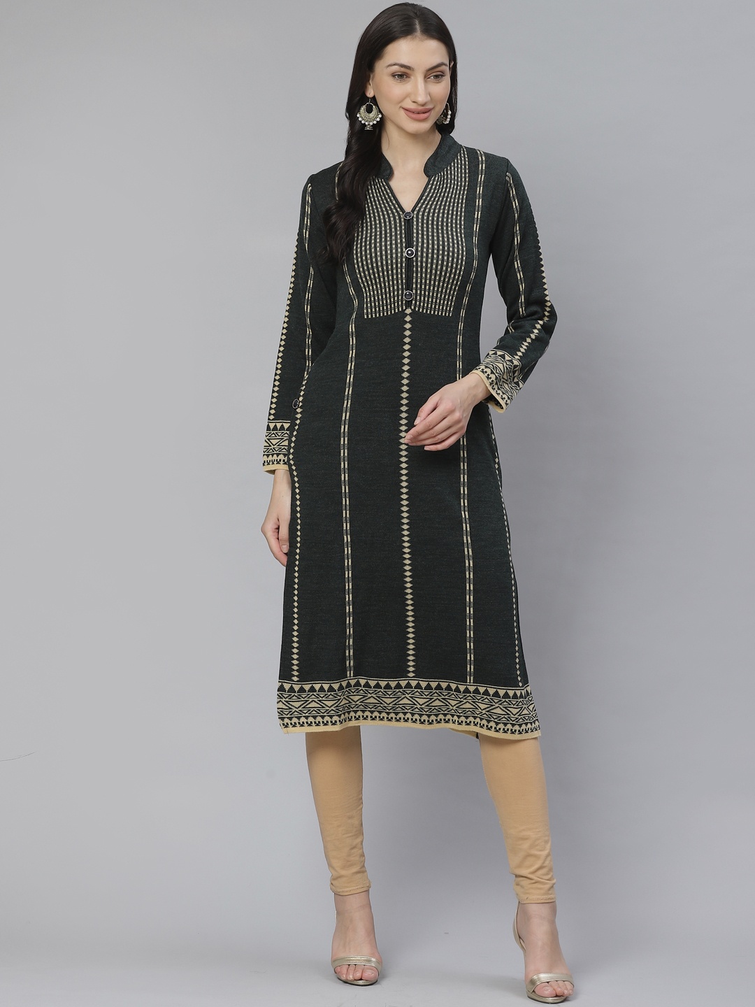 

Cayman Women Green & Beige Woven Design Straight Kurta
