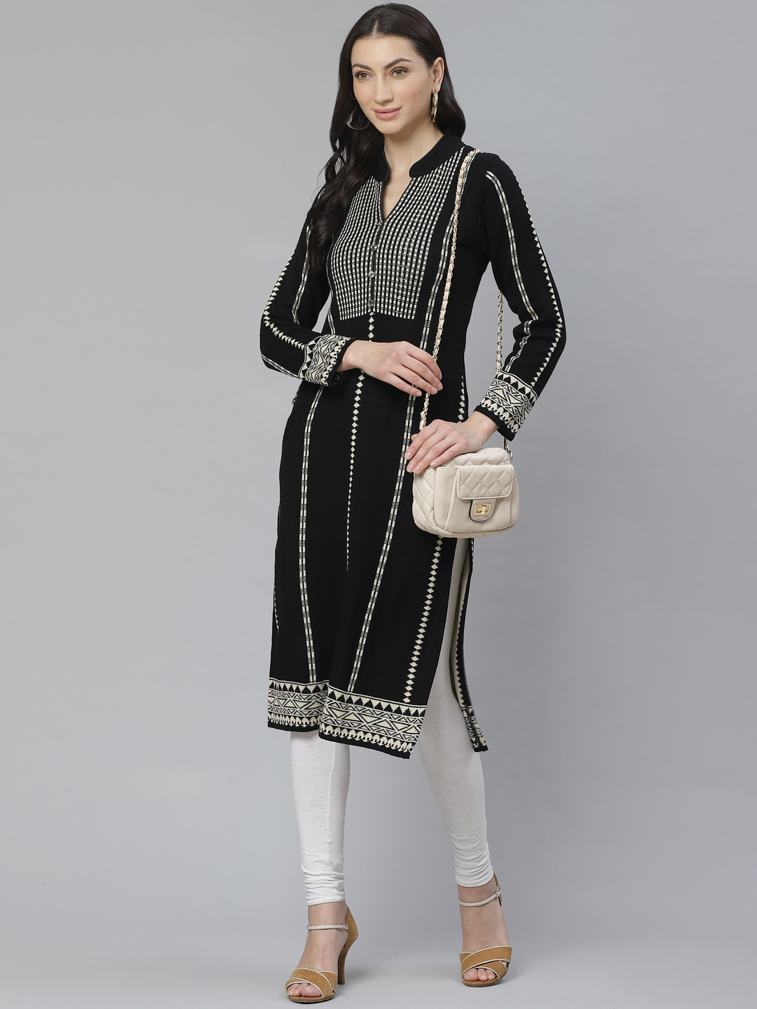 

Cayman Women Black & Off-White Woven Design Straight Kurta
