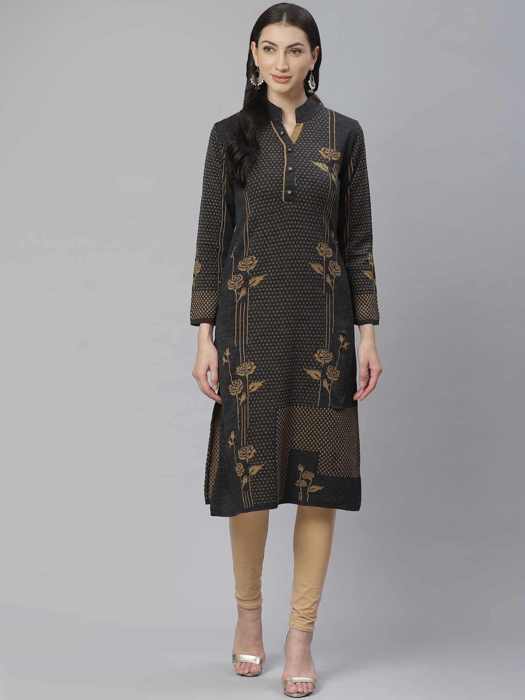 

Cayman Women Charcoal Grey & Brown Woven Design Straight Kurta