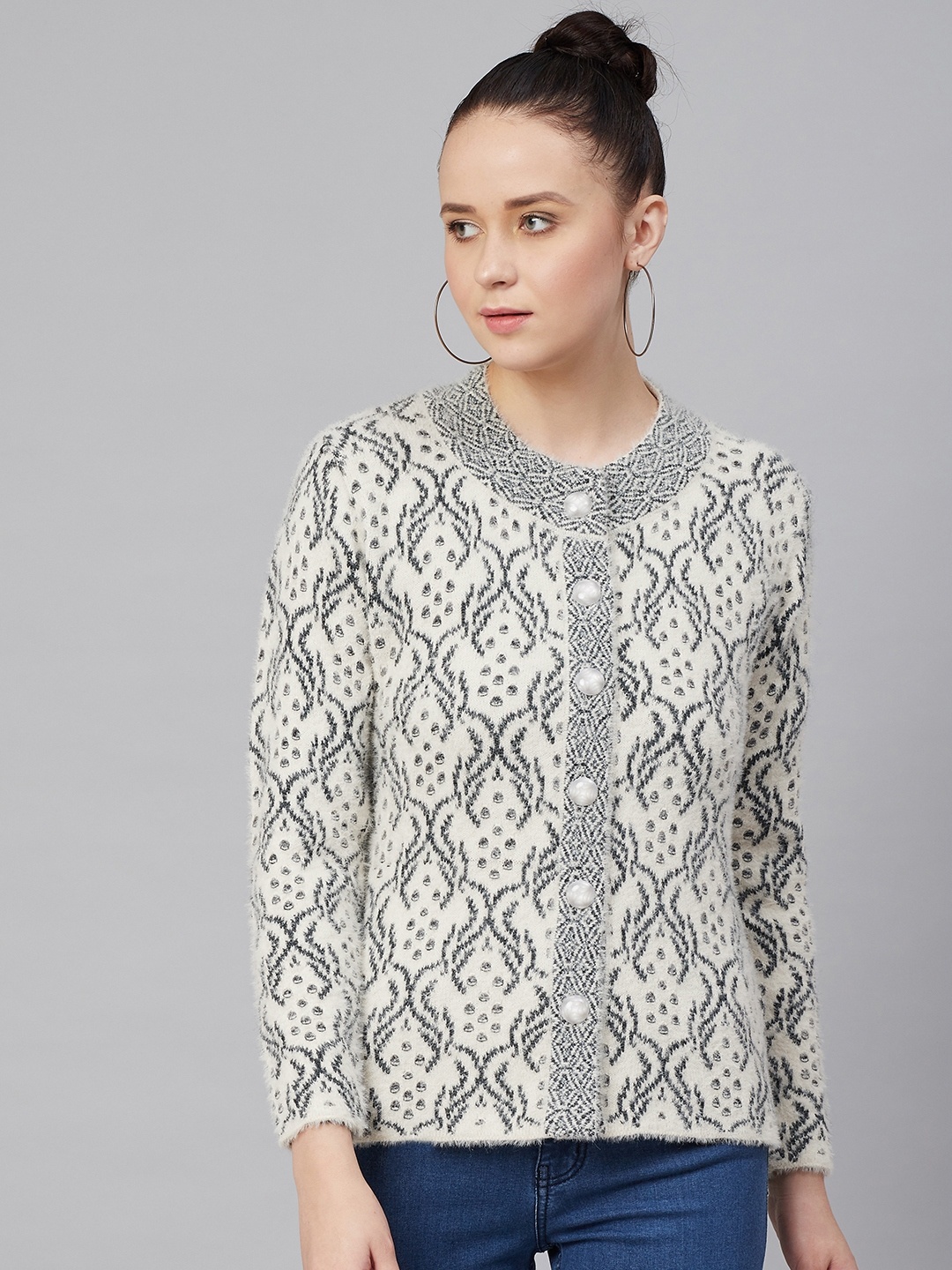 

Cayman Women Off-White & Black Self Design Cardigan