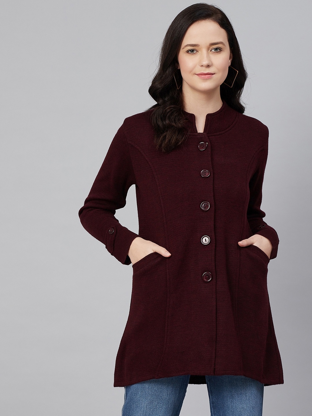 

Cayman Women Maroon Single-Breasted Solid Coat