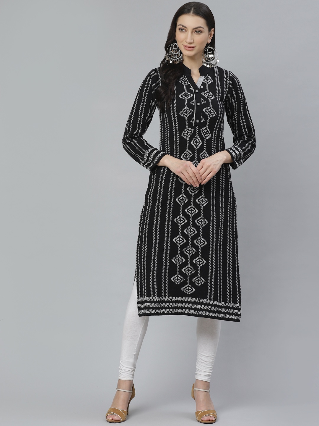 

Cayman Women Black & Grey Woven Design Straight Kurta