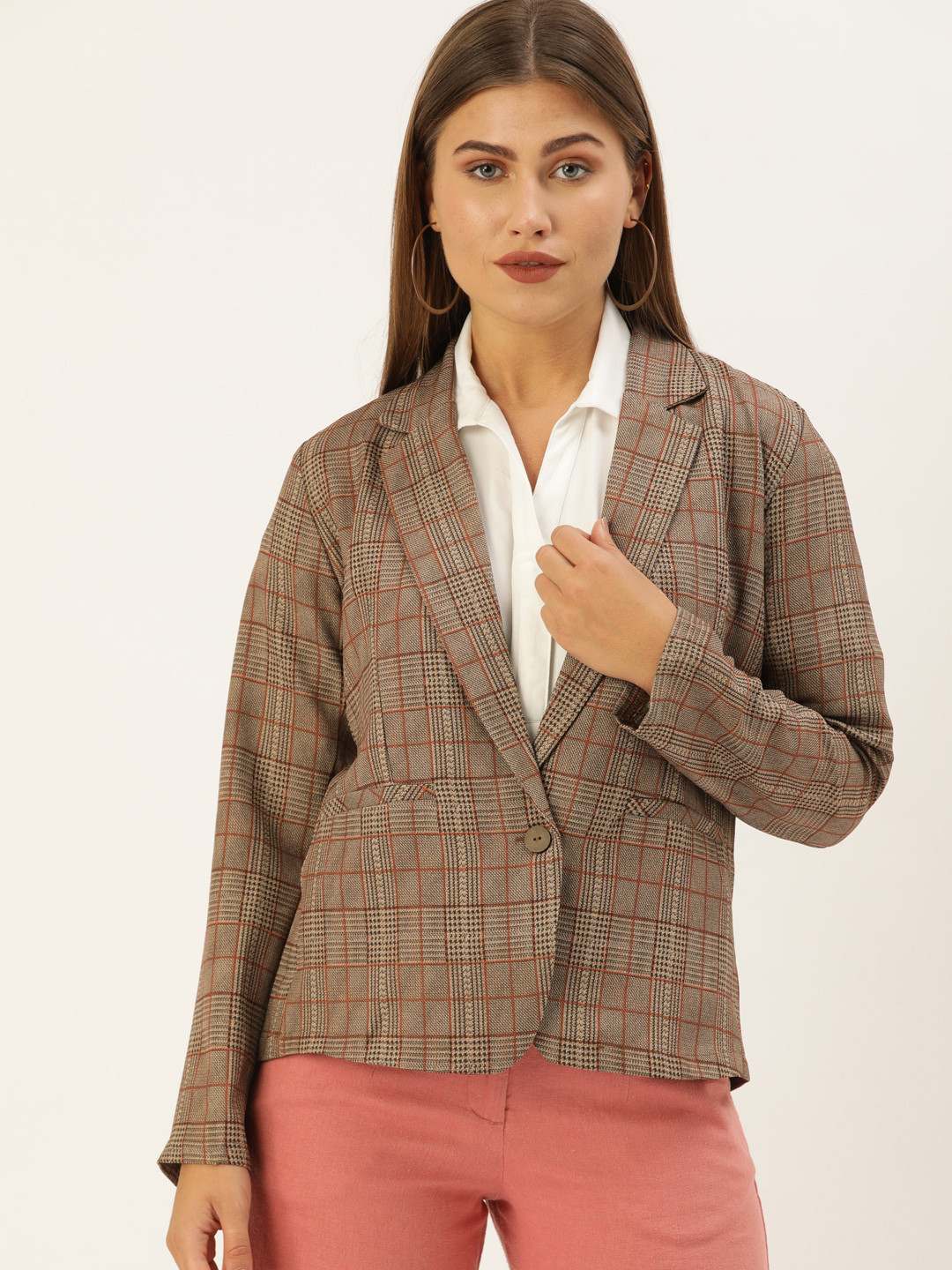 

AND Women Brown Checked Tailored Jacket