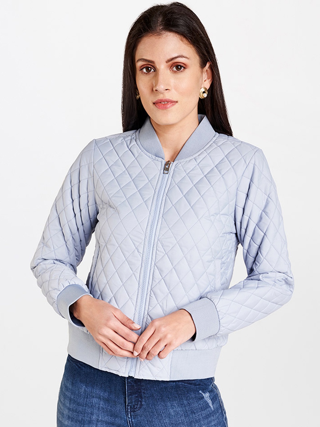 

AND Women Blue Solid Quilted Jacket