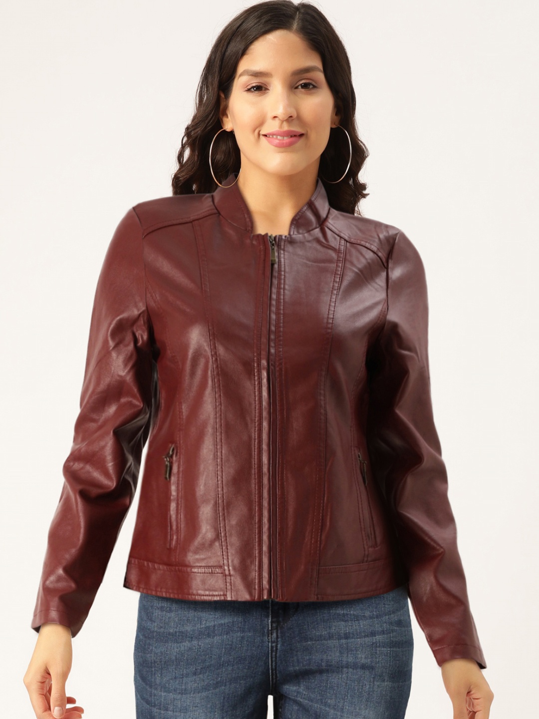 

AND Women Maroon Solid Biker Jacket