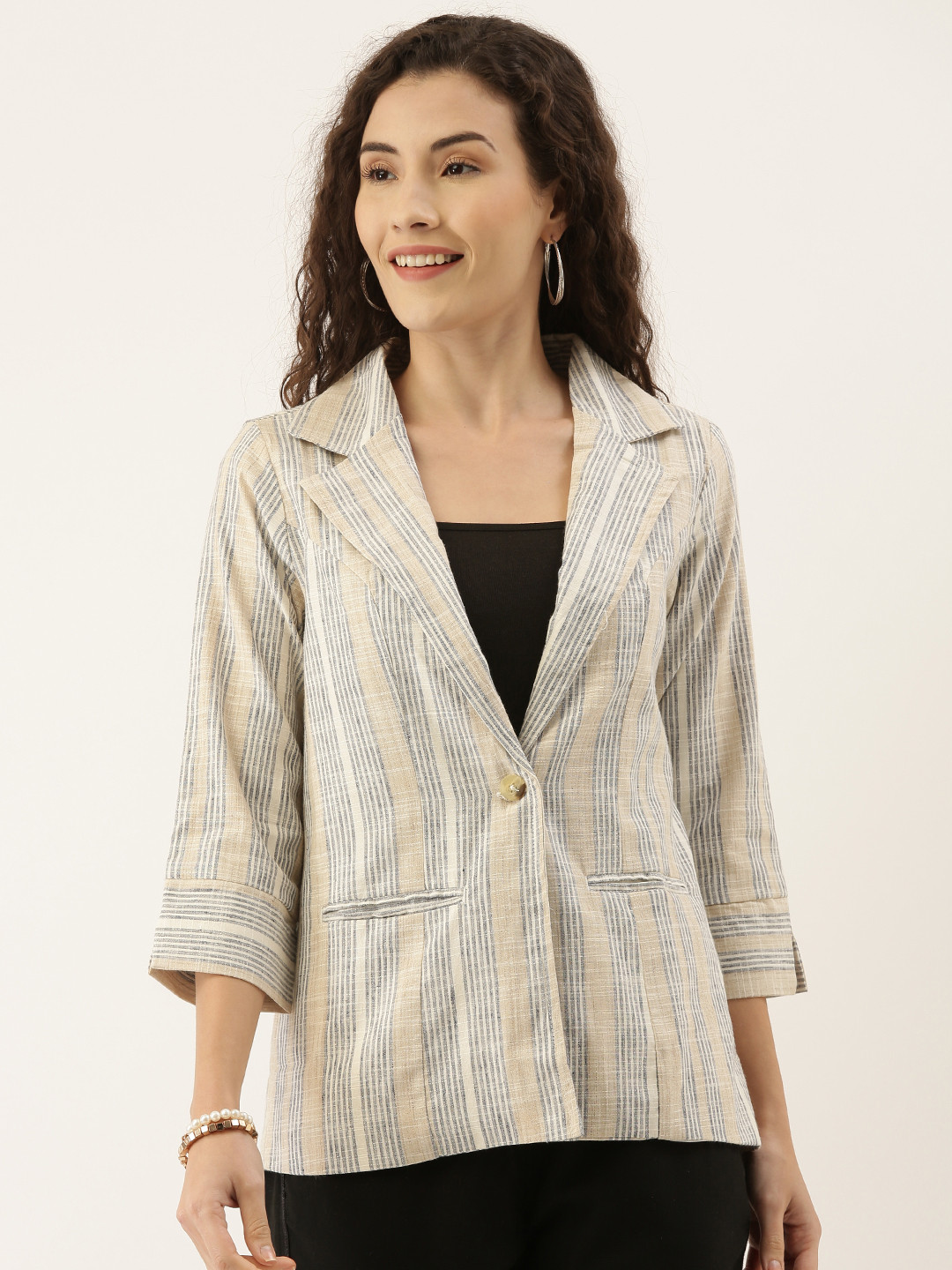 

AND Women Cream-Coloured Striped Tailored Jacket