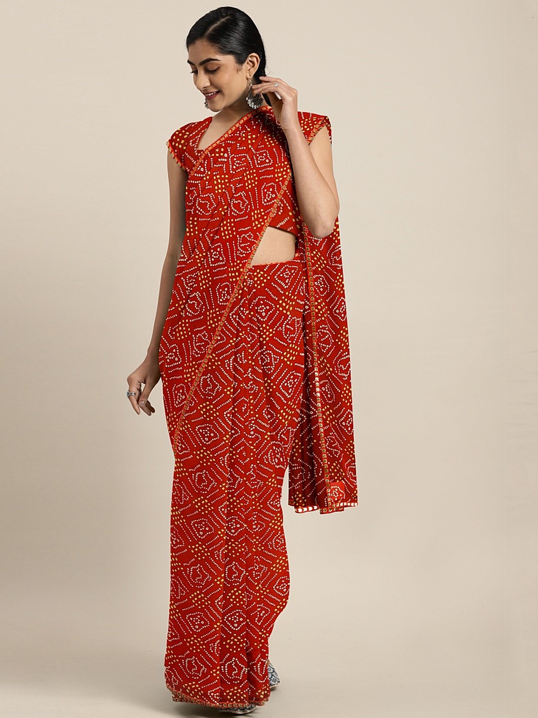 

KALINI Red & Mustard Yellow Pure Georgette Printed Bandhani Saree