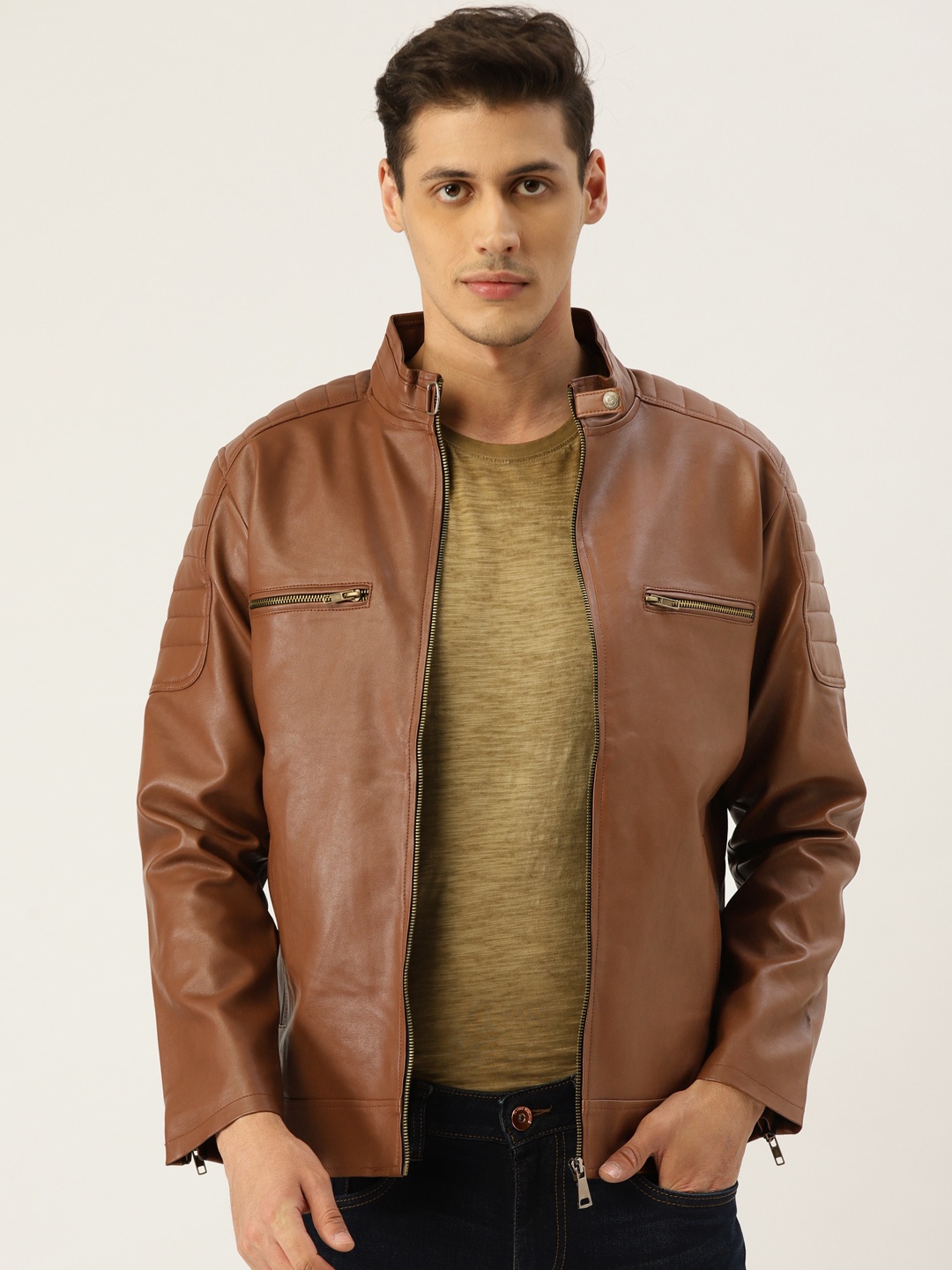 

Leather Retail Men Brown Solid Lightweight Biker Jacket