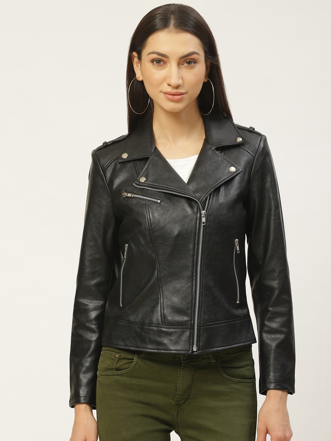 

Leather Retail Women Black Solid Lightweight Biker Jacket