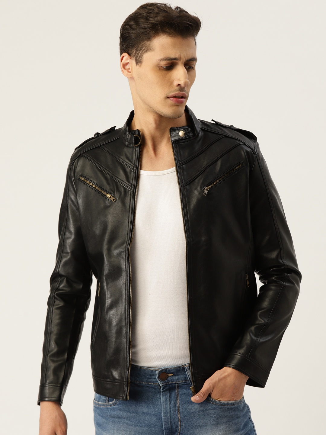 

Leather Retail Men Black Solid Lightweight Biker Jacket
