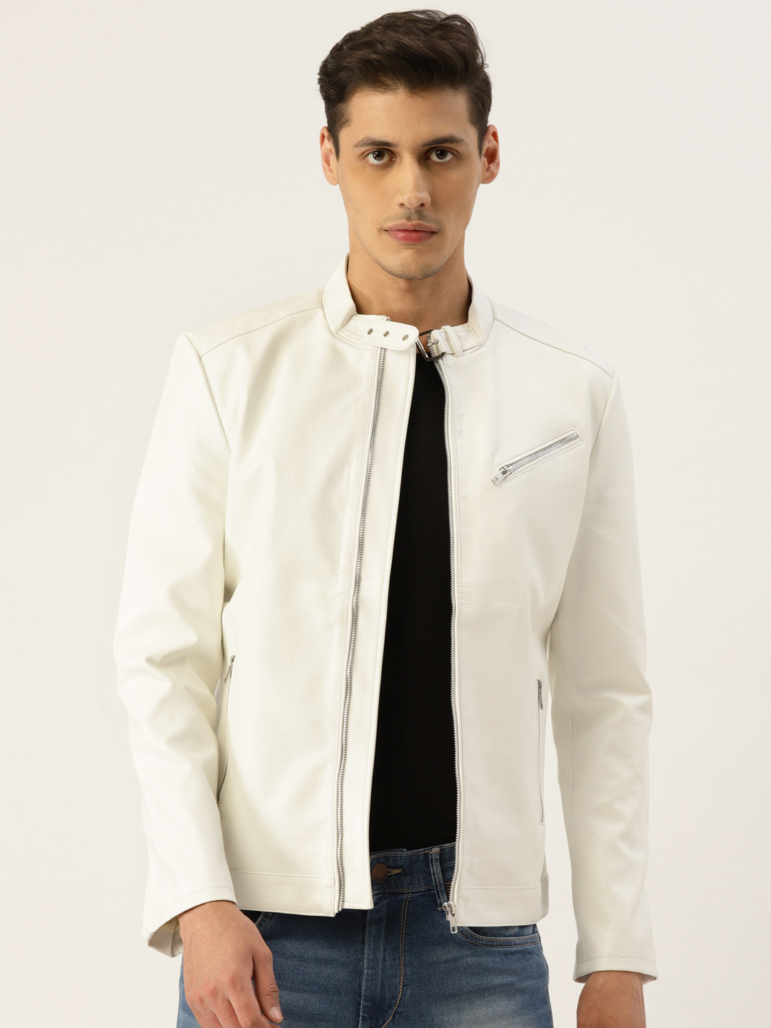 

Leather Retail Men White Solid Lightweight Biker Jacket