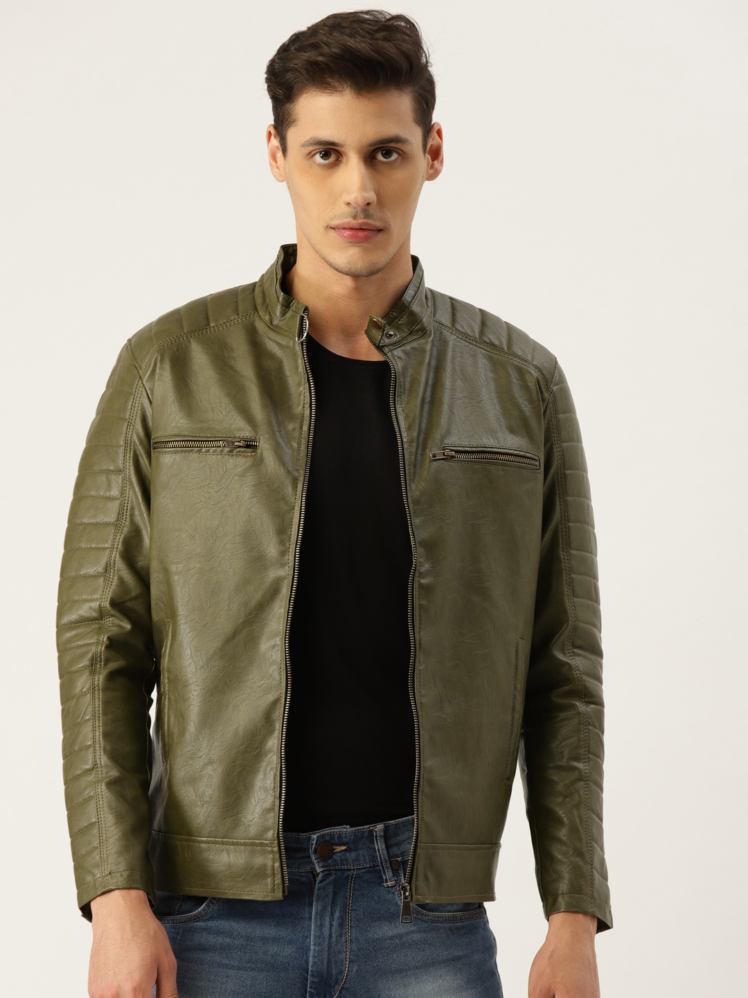 

Leather Retail Men Green Solid Lightweight Biker Jacket